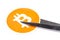 Bitcoin symbol, logo being cut in two with scissors, white background Halving, cutting price, going downwards