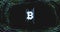 Bitcoin symbol over green mesh on black background.