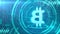 Bitcoin symbol rotating on a cyan HUD background. Seamless loop.