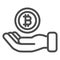 Bitcoin on thr palm of the hand line icon, cryptocurrency concept, BTC support vector sign on white background, outline