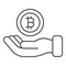 Bitcoin on thr palm of the hand thin line icon, cryptocurrency concept, BTC support vector sign on white background
