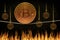 Bitcoin tightrope balancing act crash and burn falling value scene as bitcoins fall into the fire in the background