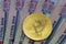 Bitcoin token on top of Dubai, dirham banknotes money