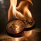 Bitcoin Tokens Aflame on Wood Grain