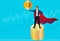 Bitcoin trader superhero. Man holding big coin in hand wearing a cape and standing on coin. Crypto currency success concept