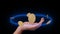 Bitcoin universe concept with golden coins floating over woman palm