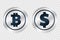 Bitcoin and US Dollar sign. Isolated vector illustration. Blockchain technology, cryptocurrency symbol. Virtual money icon for