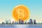 Bitcoin virtual money golden coin icon crypto currency mining concept over big modern city building skyscraper cityscape