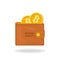 Bitcoin wallet with golden coins with B symbol. Vector illustration of capital flow, earning money in flat style.