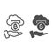 Bitcoin withdrawal line and solid icon. Cryptocurrency coin cloud with helping hand symbol, outline style pictogram on