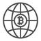 Bitcoin, world, globe currency line icon, cryptocurrency concept, BTC worldwide vector sign on white background, outline