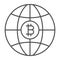 Bitcoin, world, globe currency thin line icon, cryptocurrency concept, BTC worldwide vector sign on white background