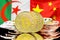 Bitcoins on Algeria and China flag background. Concept for investors in cryptocurrency and Blockchain technology in the Algeria