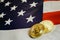 Bitcoins and american dollar bills with US flag background, copy space