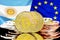 Bitcoins on Argentina and European Union flag background