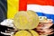 Bitcoins on Belgium and Netherlands flag background