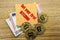 Bitcoins, Bit Coin on Euro, Dollars notes witch sticky note on wooden background, Get your first Bitcoin.