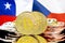 Bitcoins on Chile and Czech Republic flag background