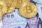 Bitcoins close up with a South Korean wons