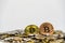 Bitcoins with coins scattered on white background. Crypto currency concept. Investment concept