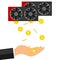 Bitcoins fall into the hand. The hand catches bitcoins from the video card. The concept of earning bitcoins.