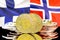 Bitcoins on Finland and Norway flag background