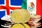 Bitcoins on Iceland and Mexico flag background