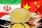 Bitcoins on Iran and China flag background