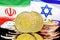 Bitcoins on Iran and Israel flag background