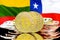 Bitcoins on Lithuania and Chile flag background