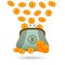 Bitcoins money falling in to a purse and standing before it. Vector illustration.