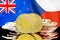 Bitcoins on New Zealand and Czech Republic flag background