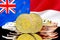 Bitcoins on New Zealand and Monaco flag background