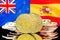Bitcoins on New Zealand and Spain flag background
