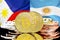 Bitcoins on Philippines and Argentina flag background