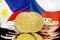 Bitcoins on Philippines and Czech Republic flag background