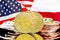 Bitcoins on Poland and USA flag background