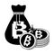 Bitcoins stacked and bag in black and white