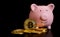 The bitcoins stand in front of pink piggybank. risk and wealth can happen in investment savings or trading in cryptocurrency