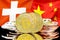Bitcoins on Switzerland and China flag background