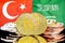 Bitcoins on Turkey and Saudi Arabia flag background