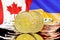 Bitcoins on Ukraine and Canada flag background