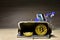 Bitcoins in the wallet. Gold crypto coins in a retro wallet with a shopping basket and a plastic card for purchasing goods. BTC