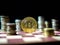 Bitcon, Golden coin with coin different currencies on black background