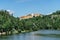 Bitov Castle on steep promontory towering above meandering River Zeletavka,near Vranov reservoir,Czech Republic.Popular Gothic
