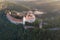 Bitov Medieval castle in South Moravia region during amazing sunrise, Czech republic, Europe. Aerial drone view. Summer or autumn