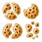 Bitten, Broken, Cookie Crumbs Set. Homemade Chocolate Chip Icons. Vector