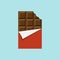 Bitten chocolate bar in opened red wrapped icon, Dessert symbol.