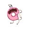 Bitten donut with pink glaze and sprinkles. Cartoon character of doughnut with frightened facial expression. Flat vector