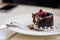 Bitten (eaten) chocolate cake on plate